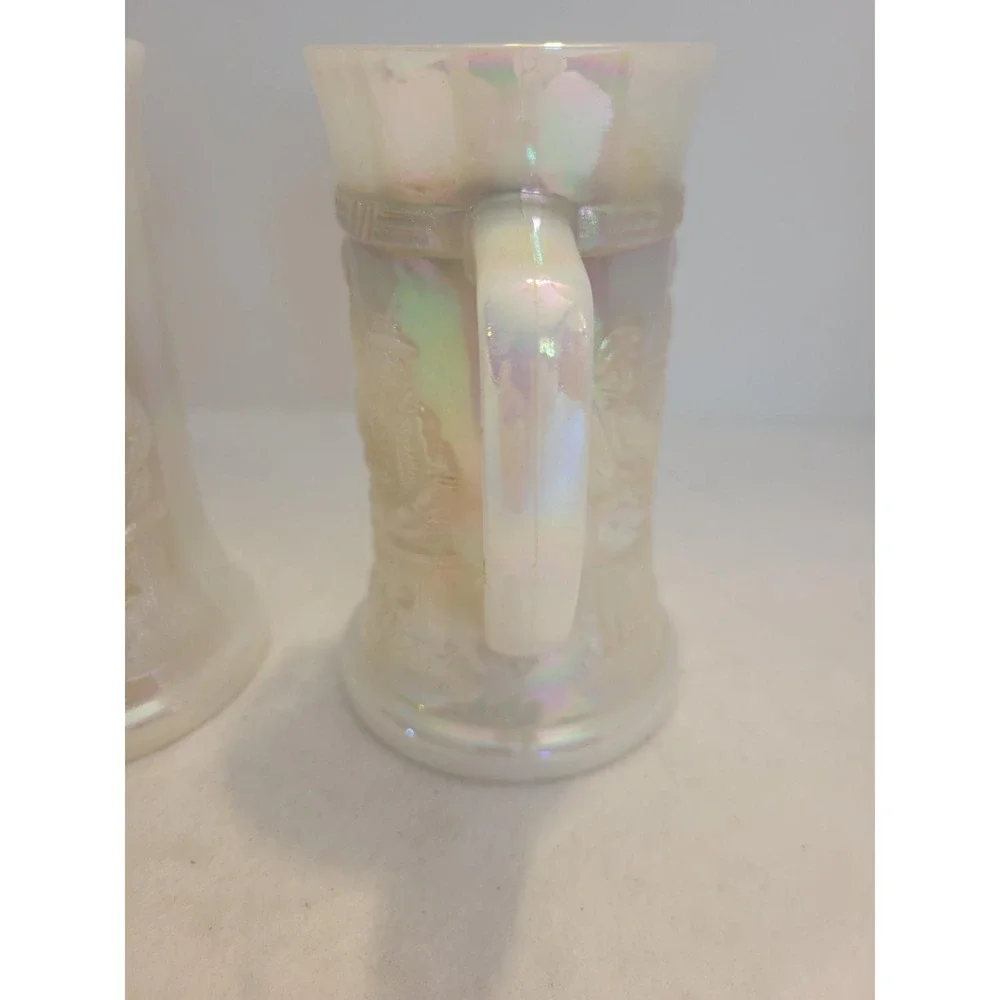 Vintage Colonial Village Iridescent Milk Glass Mug Candle Holders Set of 2 White